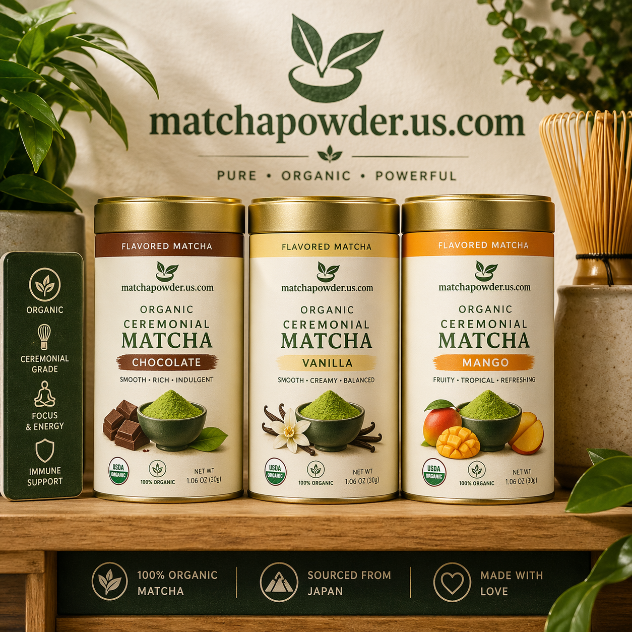 Flavored Matcha, Organic Ceremonial (Chocolate / Vanilla / Mango)