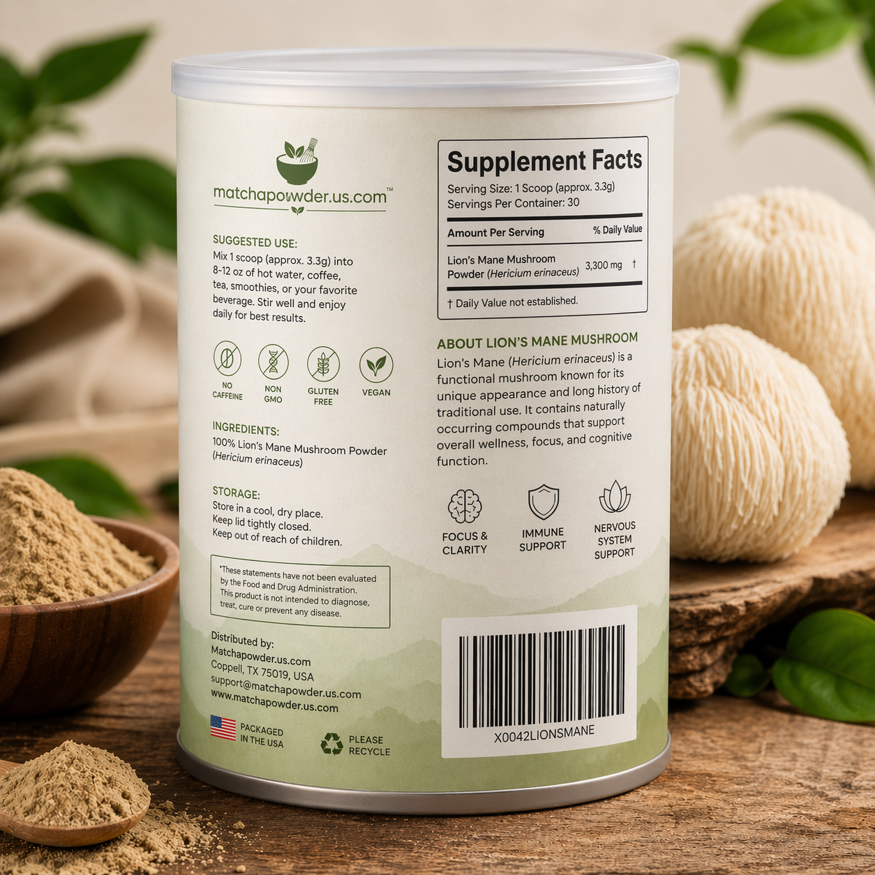 Lion's Mane Mushroom Powder (Caffeine-Free)